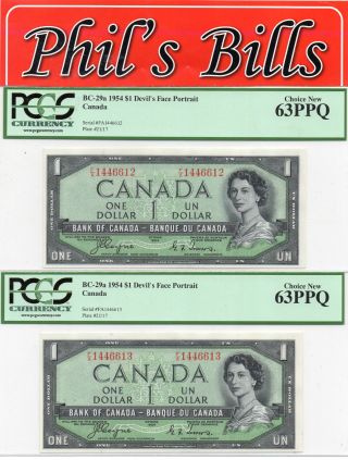 2 Consec 1954 $1 Bank Of Canada Devils Face Choice - 63 Bc - 29a $375 B1463 photo