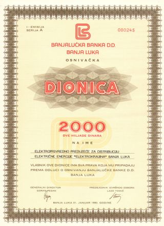 Yugoslavia (bosina) - Bond/stock/share Of Elektrokrajina - 2000 Dinars 1990 photo