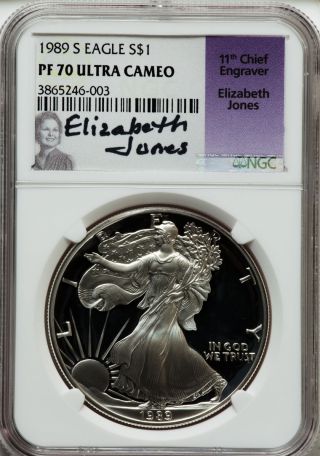 1989 - S $1 Silver Eagle,  Pr70 Ultra Cameo Ngc,  Elizabeth Jones photo
