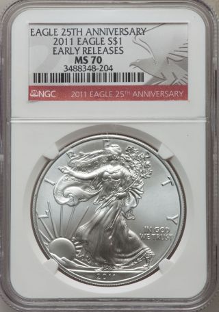 2011 $1 Silver Eagle,  25th Anniversary,  Early Releases,  Ngc Ms70 photo