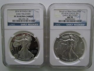 2014 American Silver Eagle 2 Coin Ngc Pf70 W & Ms 70 (w) Early Release Labl photo
