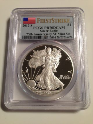 2012 - S Proof Silver Eagle Pr - 70 Pcgs 75th Anniv (first Strike) Low Population Dc photo