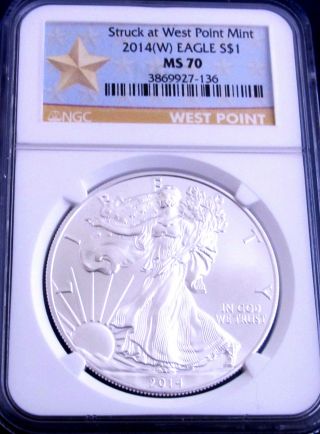 2014 (w) Ms 70 Ngc Gold Star Label American Silver Eagle - West Point photo