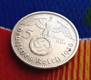 Extra Rare 1936 A Ww2 5 Mark 90% Silver German Third Reichsmark Coin photo