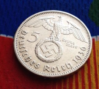 Extra Rare 1936 G Ww2 5 Mark 90% Silver German Swastika Third Reichsmark Coin photo