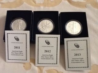 3 Unc.  Silver Eagles 2011 - 2012 - 2013 photo