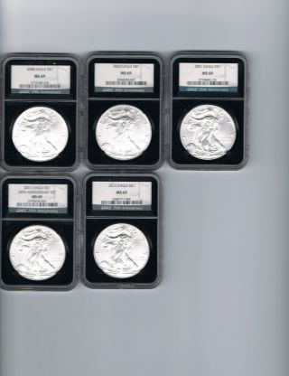 5 Ngc Graded American Eagles 2001,  2003,  2008,  2011,  2012 In Retro 25th Holders photo