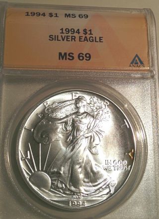 1994 American Silver Eagle Anacs Ms 69 photo