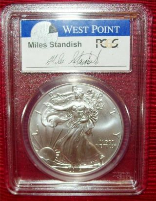 2014 (w) Silver Eagle Coin Pcgs Ms69 First Strike Miles Standish Label Westpoint photo