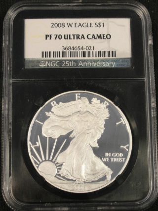 2008 W American Silver Eagle Coin Ngc Black Retro Slab Pf70 Ultra Cameo 4 - 021 photo
