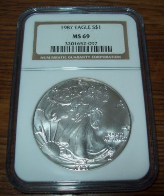 1987 Ngc Ms69 American Silver Eagle 1 Troy Oz Silver Dollar Coin Brown Label photo