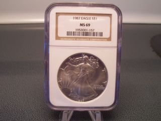 1987 Silver Eagle Ms 69 By Ngc 1 Oz.  Silver photo