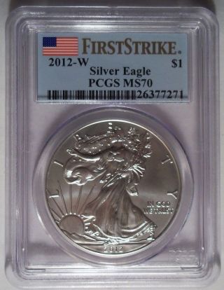 2012 - W Burnished Silver Eagle Dollar Pcgs Ms70 First Strike Flag Label photo