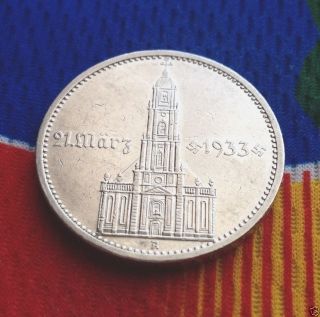 Extra Rare 1934 A Ww2 5 Mark 90% Silver German Garrisonkirche Reichsmark Coin photo