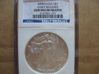 2008 Silver American Eagle 1oz.  999 Fine Silver Ngc Gem Uncirculated photo