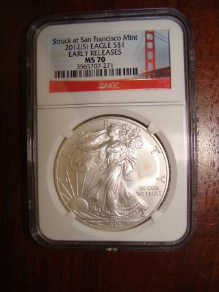 2012 - (s) Silver Eagle - Pcgs Ms70 Early Releases - Struck At San Francisco - 271 photo
