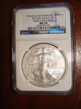 2013 - (s) Silver Eagle - Ngc Ms70 Early Releases - Struck At San Francisco - 201 photo