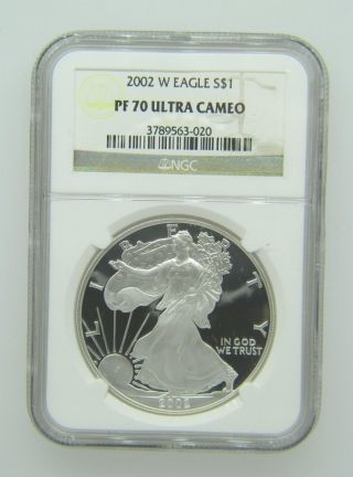 2002 - W $1 Ngc Pf70 Ucameo (proof Silver Eagle) - Pf70 Rare.  999 1oz Bullion photo