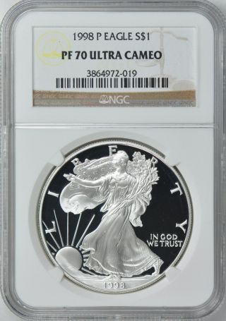 1998 - P $1 Ngc Pf70 Ucameo (proof Silver Eagle) - Pf70 Rare.  999 1oz Bullion photo