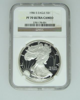1986 S $1 Ngc Pf70 Ucameo (proof Silver Eagle) - Pf70 Rare.  999 Silver Bullion photo