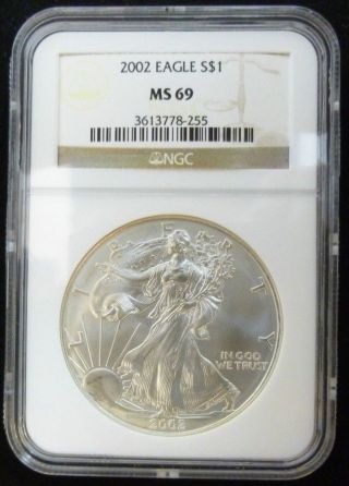Bu Ms69 2002 American Silver Eagle.  999 Silver 1 Oz Bullion Coin Low Mintage photo