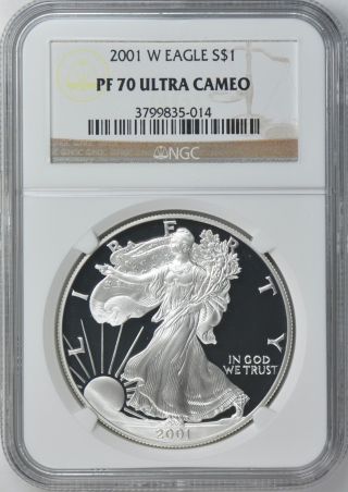 2001 - W $1 Ngc Pf70 Ucameo (proof Silver Eagle) - Pf70 Rare.  999 1oz Bullion photo