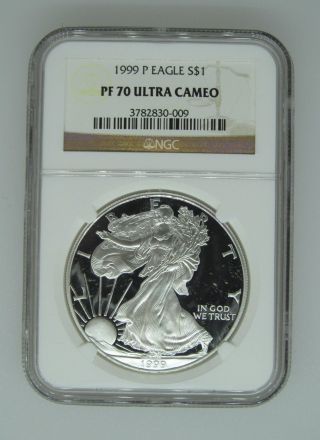 1999 P $1 Ngc Pf70 Ucameo (proof Silver Eagle) - Pf70 Rare.  999 Silver Bullion photo