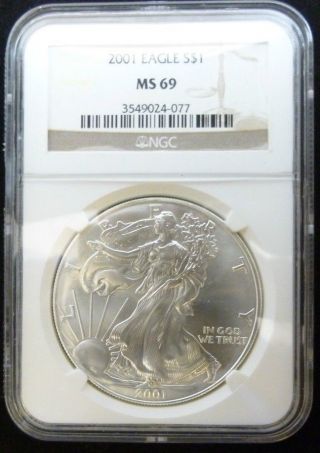 Ngc Ms69 2001 American Silver Eagle.  999 Silver 1 Oz Bullion Coin Low Mintage photo