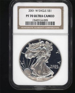 Rare U.  S.  Coin 2001 W Silver Eagle Perfect Ultra Cameo Proof Pf 70 photo