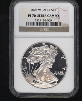 Rare U.  S.  Coin 2002 W Silver Eagle Perfect Ultra Cameo Proof Pf 70 photo