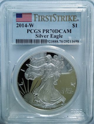 2014 (w) 1 Oz Silver Eagle - First Strike - Pcgs Pr70 Dcam W Flag Label photo