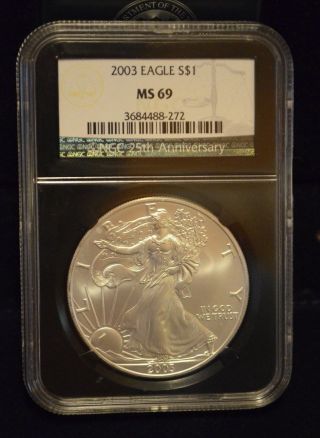 2003 American Silver Eagle - Ngc Ms69 - Black Core - Ngc 25th Anniversary Label photo
