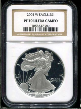 2004 - W $1 Proof American Silver Eagle Ngc Pf - 70 Ultra Cameo 1 Oz Fine Silver photo
