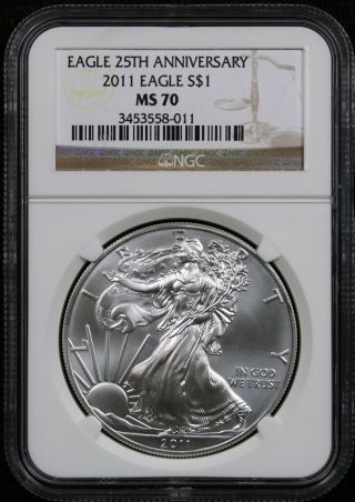 2011 Eagle 25th Anniversary Silver Eagle Dollar $1 Ms 70 Ngc Brown Label photo