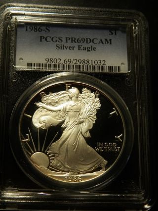 1986 S $1 Silver Eagle Coin Pcgs Pr69dacm 1 Oz Fine Silver photo