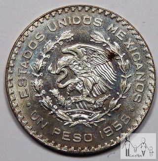 1958 Unc Toned Mexico Un 1 Peso 10% Silver.  0514 Asw photo