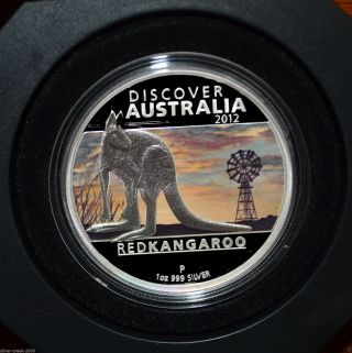 2012 Australia Proof Red Kangaroo 1 Oz Fine Silver Discover Australia Box & photo
