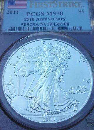 2011 American Silver Eagle Pcgs Ms 70 25th Anniversary First Strike photo