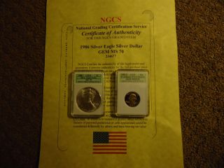1986 Silver Eagle Graded Ms70 W/ Certificate Of Authenticity (no Toning) Ngcs photo