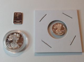 Two Silver Eagle Proofs & One Bar All Of.  999 Fine Silver Total 5.  11 Grams, photo