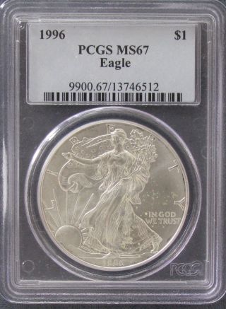 1996 Pcgs Ms67 American Silver Eagle Dollar - Lustrous photo