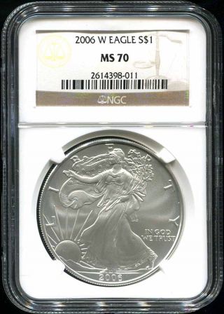 2006 - W $1 American Silver Eagle Ngc Ms - 70 1 Oz Fine Silver Perfect Coin No Spots photo