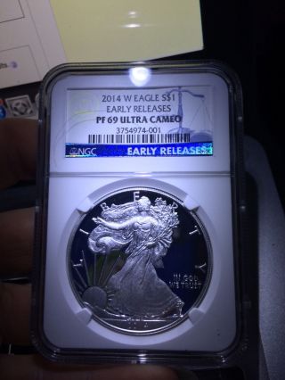 2014 W 1oz.  American Eagle S$1 E.  R.  Ngc Pf 69 Ultra Cameo Blue Label photo