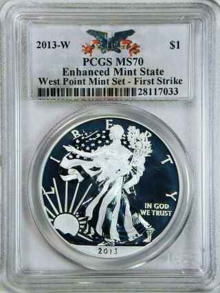 2013 - W Silver Eagle $1 Pcgs Eagle Tag First Strike Ms70 Enhanced Coin Only photo