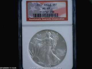 2002 Eagle S$1 Ngc Ms 69 American Silver Coin 1oz Flag Label photo