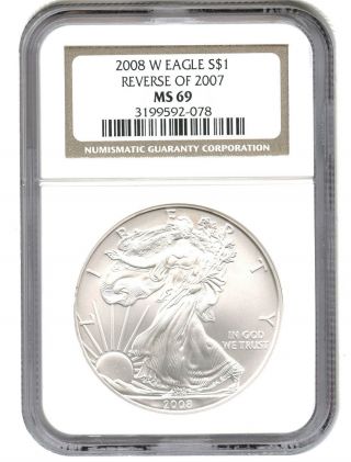 2008 - W Silver Eagle $1 Ngc Ms69 (reverse Of 2007) photo
