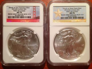 2012 (s) & (w) Silver Eagle 1st Release Ngc Ms70 (both From Box 19) photo