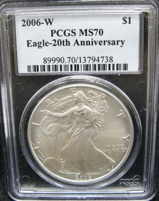 2006 W 20th Anniversary American Silver Eagle,  Pcgs Ms70,  Burnished Finish photo