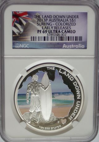 Ngc 2013 P Australia Surfing Colorized $1 Pf69 Rare 5,  000 Proof Silver 1oz Coin photo