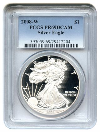 2008 - W Silver Eagle $1 Pcgs Proof 69 Dcam American Eagle Silver Dollar Ase photo